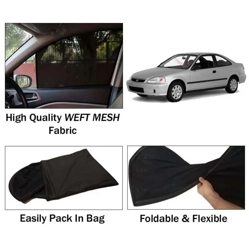 Honda Civic 1996 - 2001 Sun Shades | Foldable | Mesh Fabric | Flexible Rods | Dark Black | Packed In Bag