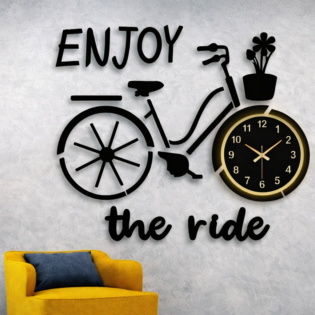 Large Size Enjoy The Ride Bicycle 3D Wooden Wall Clock for Living Room