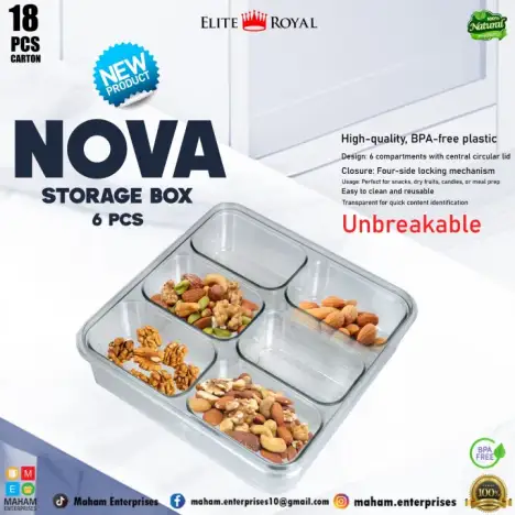 Nova Premium 6-Compartment Airtight Storage Box — BPA-Free Unbreakable Food Container with 4-Side Locking System | Elite Royal Series