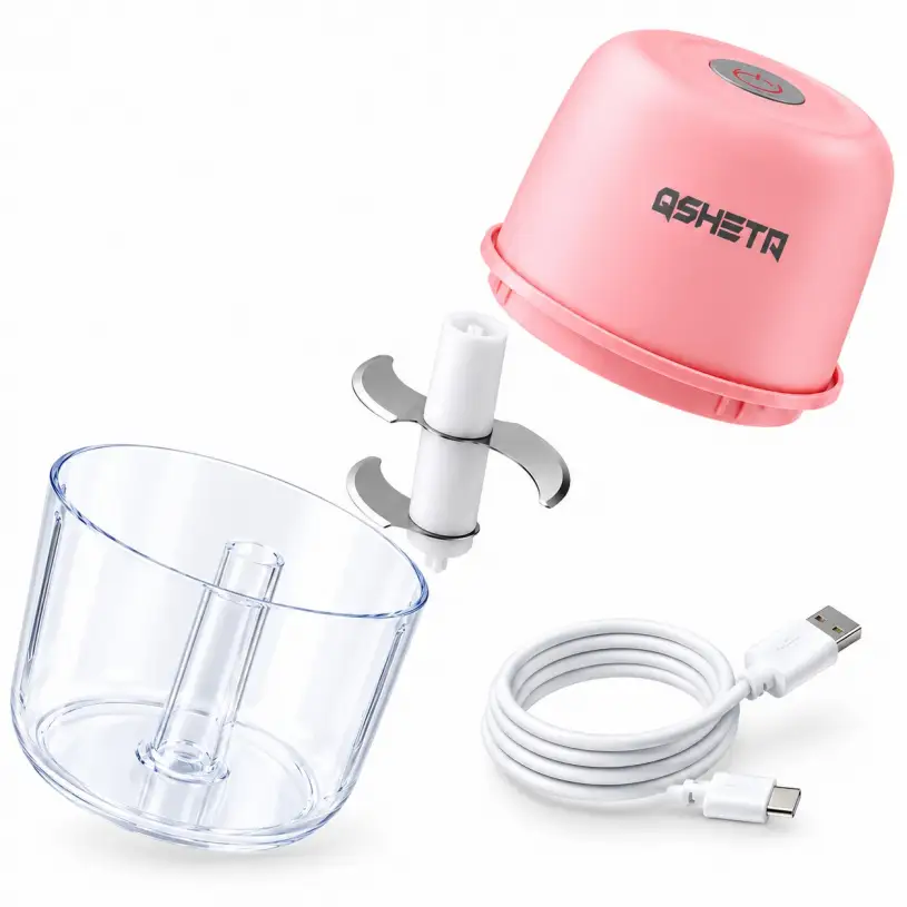 QSHETR pink USB rechargeable wireless mini food processor and vegetable chopper.