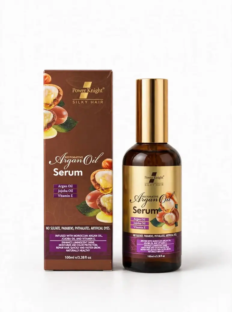 Power Knight Silky Hair Restorative Argan Oil Serum 100ml / 3.38 fl oz – Premium Anti-Frizz Hair Elixir Infused with Moroccan Argan Oil, Jojoba Oil & Vitamin E – Deep Hydration, Heat & UV Protection,
