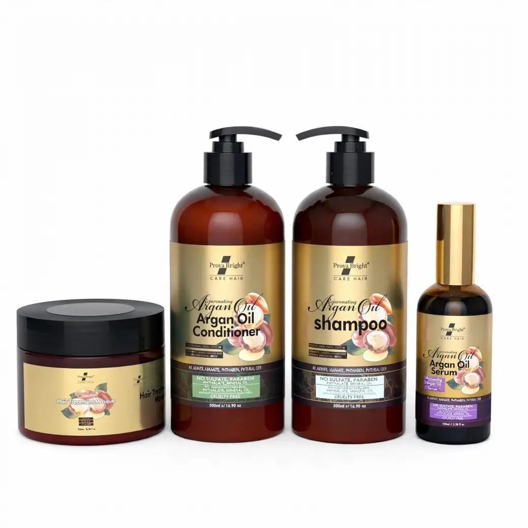 Prova Bright Care Hair Rejuvenating Argan Oil Complete 4-Piece Hair Transformation Set – Includes Daily Hydrating Shampoo 500ml, Nourishing Conditioner 500ml, Intensive Repair Hair Masque 300ml, and H