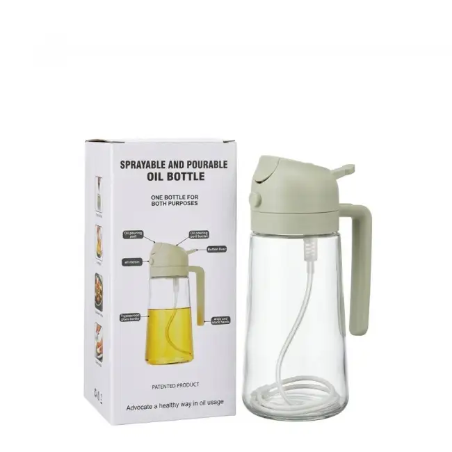 2-in-1 Glass Oil Spray Bottle – Pourable Oil Dispenser, Glass Oil Container, Kitchen Cooking Oil Sprayer & Dual Purpose Oil Bottle with Handle, Button Lever, Pour Spout, Spray Nozzle & White Retail Gi