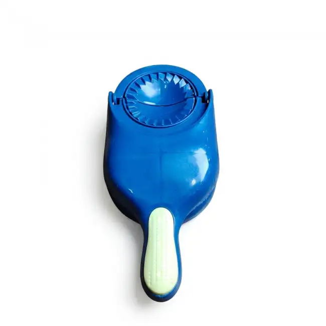Blue Plastic Dumpling Maker Press – Plastic Dumpling Mold, Dough Wrapper Press Tool, Kitchen Dumpling Maker & Empanada Press with Ergonomic Grip Handle and Decorative Crimp Edge
