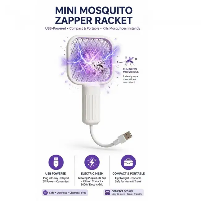 Mini Mosquito Zapper Racket – USB Mosquito Killer, Electric Bug Swatter, Handheld Fly Zapper & Insect Trap Racket with 3000V High Voltage Grid, Glowing Purple LED Light, Chemical-Free & Odorless | Han