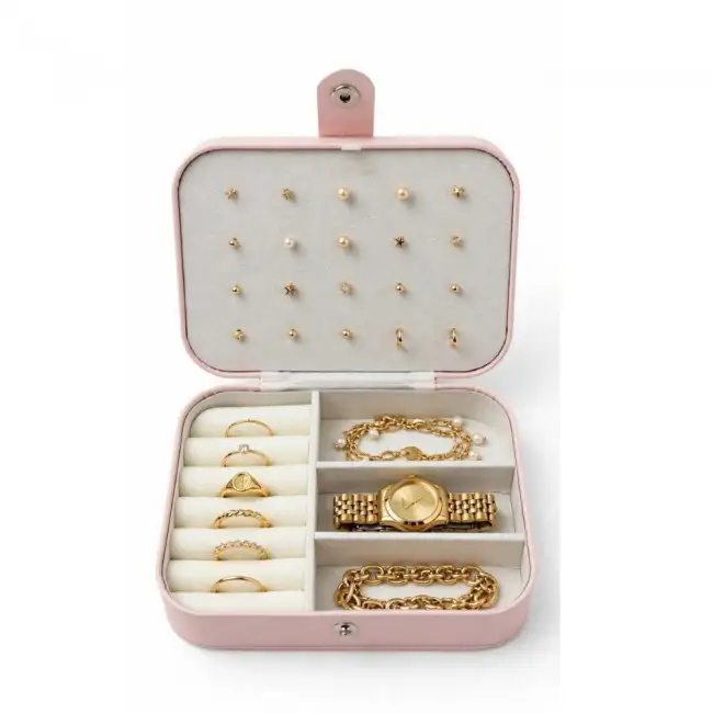 Pink Jewelry Box – Travel Jewelry Organizer, Small Leather Jewelry Case, Ring and Earring Box & Portable Jewelry Storage with Snap Button Closure, Velvet Lined Interior, Ring Rolls & Earring Stud Pane