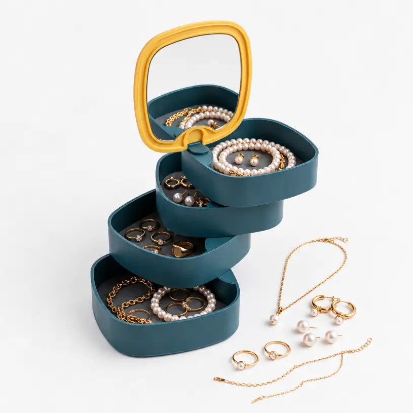 4-Layer Rotating Jewelry Box Dark Blue and Yellow Storage Organizer with Swiveling Trays Built-in Lid Mirror and Velvet Lined Compartments Designed for Safe Storing Organizing.