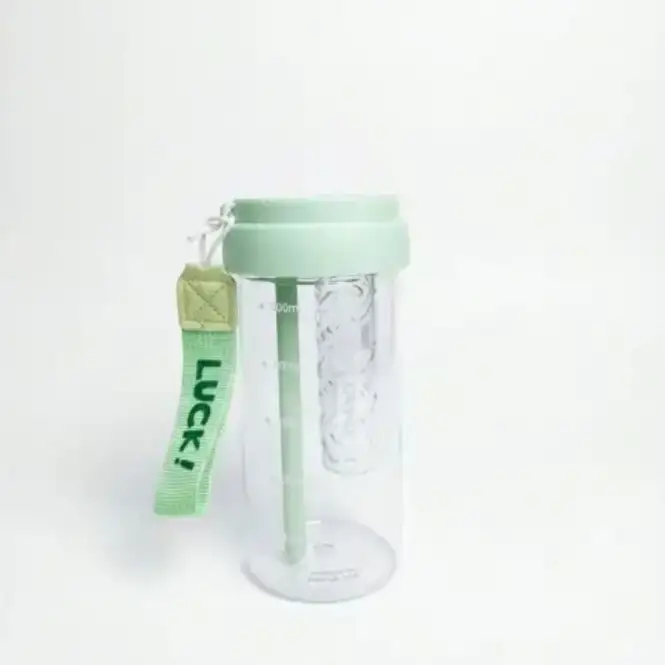 Transparent Plastic Water Bottle 500ml – Fruit Infuser Water Bottle with Straw, Clear Drinking Cup with Green Lid, Foldable Sipper Straw, Infuser Strainer, Measurement Scale & “LUCK!” Wrist Strap | Ha