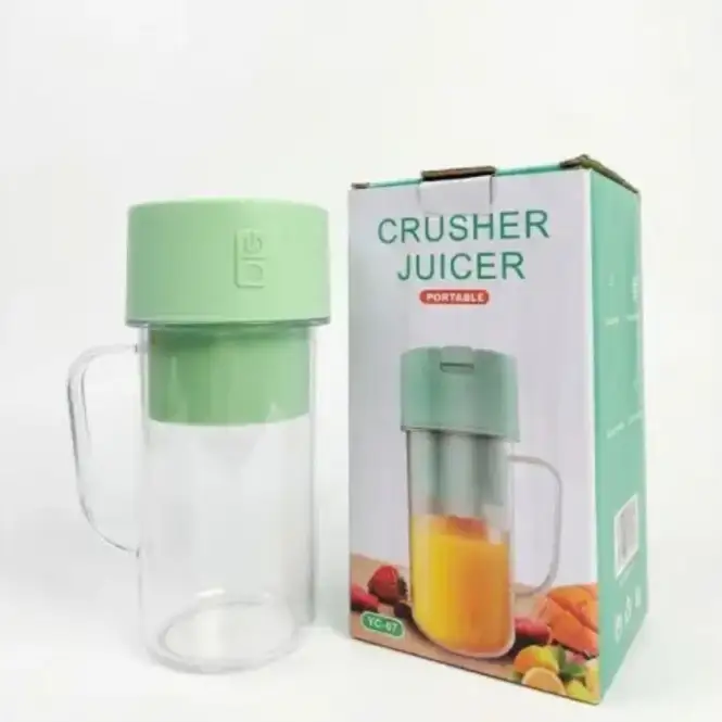 Portable Crusher Juicer YC-07 420ml – USB Rechargeable Electric Blender Cup, Mini Fruit Mixer & Portable Smoothie Maker with Handle, Green Lid, Built-in Blades & Retail Box
