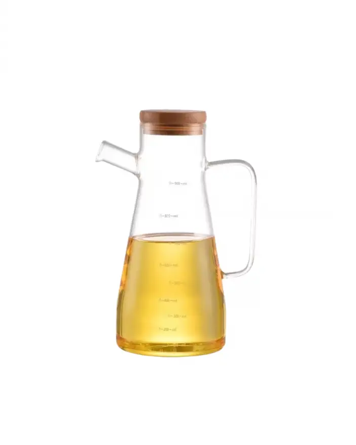 Borosilicate Glass Oil Dispenser Jug with Wooden Cap, 900ml Large Capacity Kitchen Oil Bottle for Olive Oil, Cooking Oil, Vinegar, Soy Sauce, and Liquid Seasonings.