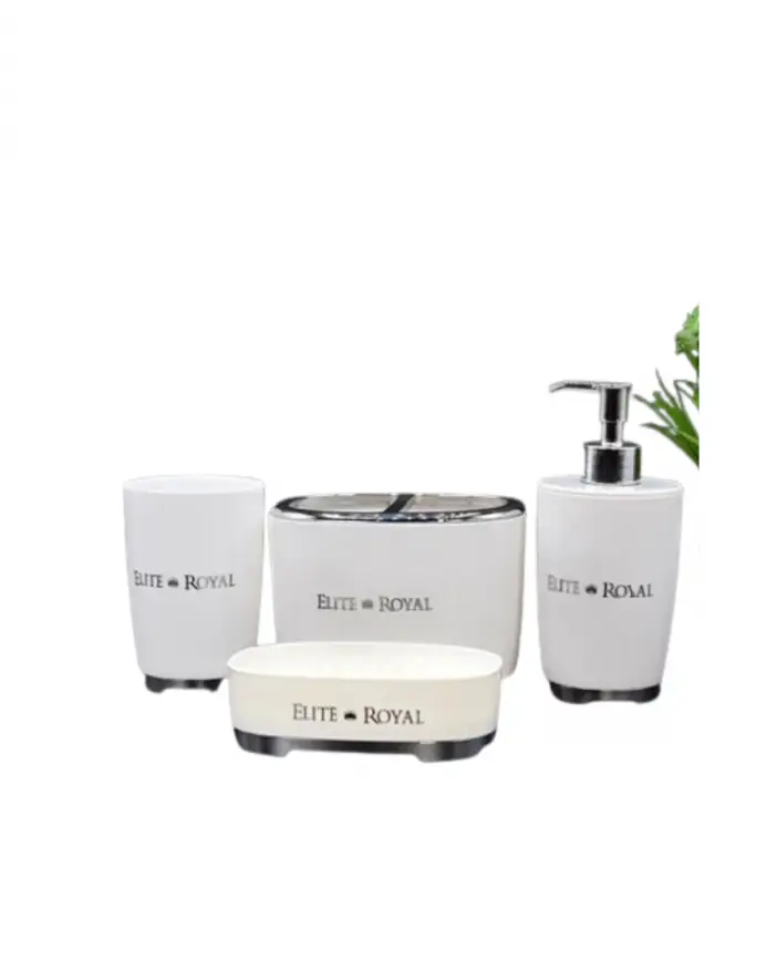 4 Pcs Elegant Bathroom Accessories Set with Modern Design, Premium Bathroom Countertop Organizer Collection, Stylish Soap Dispenser, Toothbrush Holder, Bathroom Tumbler and Soap Dish