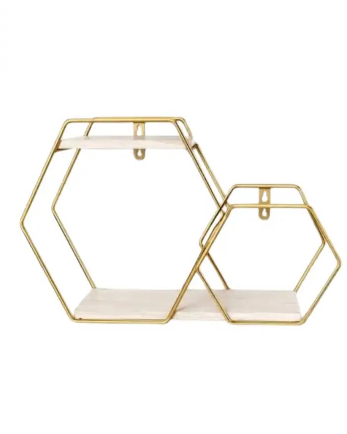 Double Layer Nordic Hexagon Wall Shelf with Metal Frame and Wooden Shelves, Modern Geometric Floating Wall Decor, Stylish Storage Organizer for Living Room, Bedroom, Kitchen, Office, Bathroom, Decorat