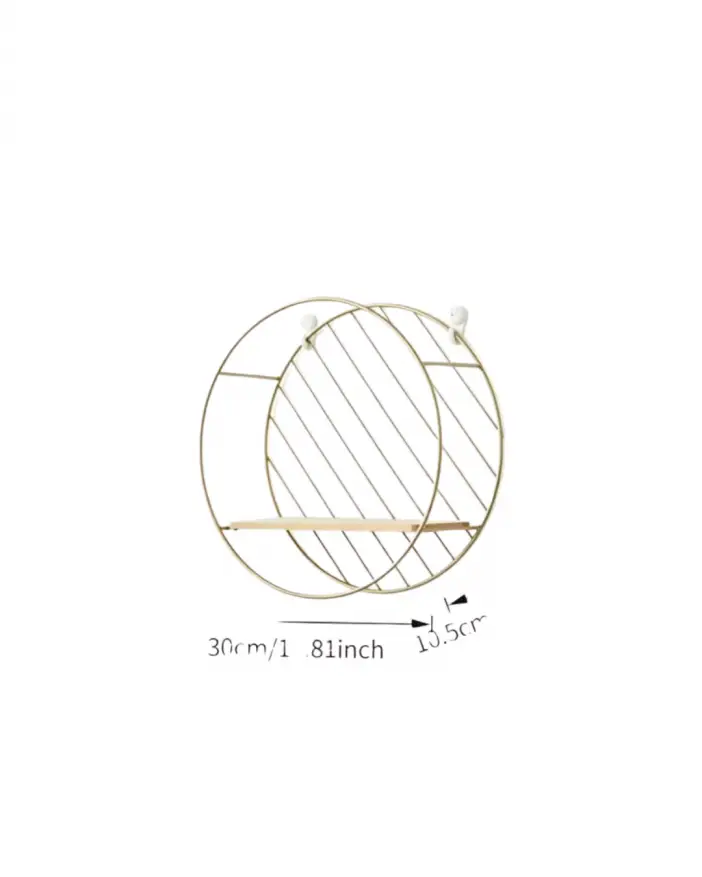 Creative Gold Round Geometric Metal Wall Shelf with Wooden Ledge, Modern Decorative Floating Wall Mounted Storage Rack for Living Room, Bedroom, Bathroom, Kitchen, Office and Home Décor