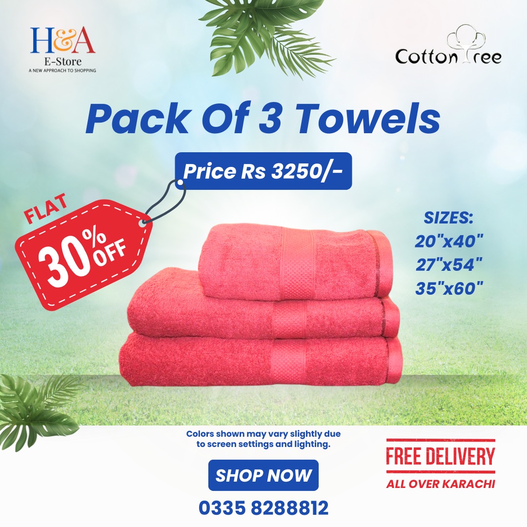 Pack of 3 Premium 100% Cotton Towels - Soft, Absorbent, and Durable Bath Towels Available in 4 Colors with Free Delivery