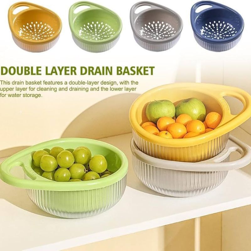 Plastic Kitchen Drain Basket, Double Layer Rice Wash Basket, Colander Set with Bowl Strainer