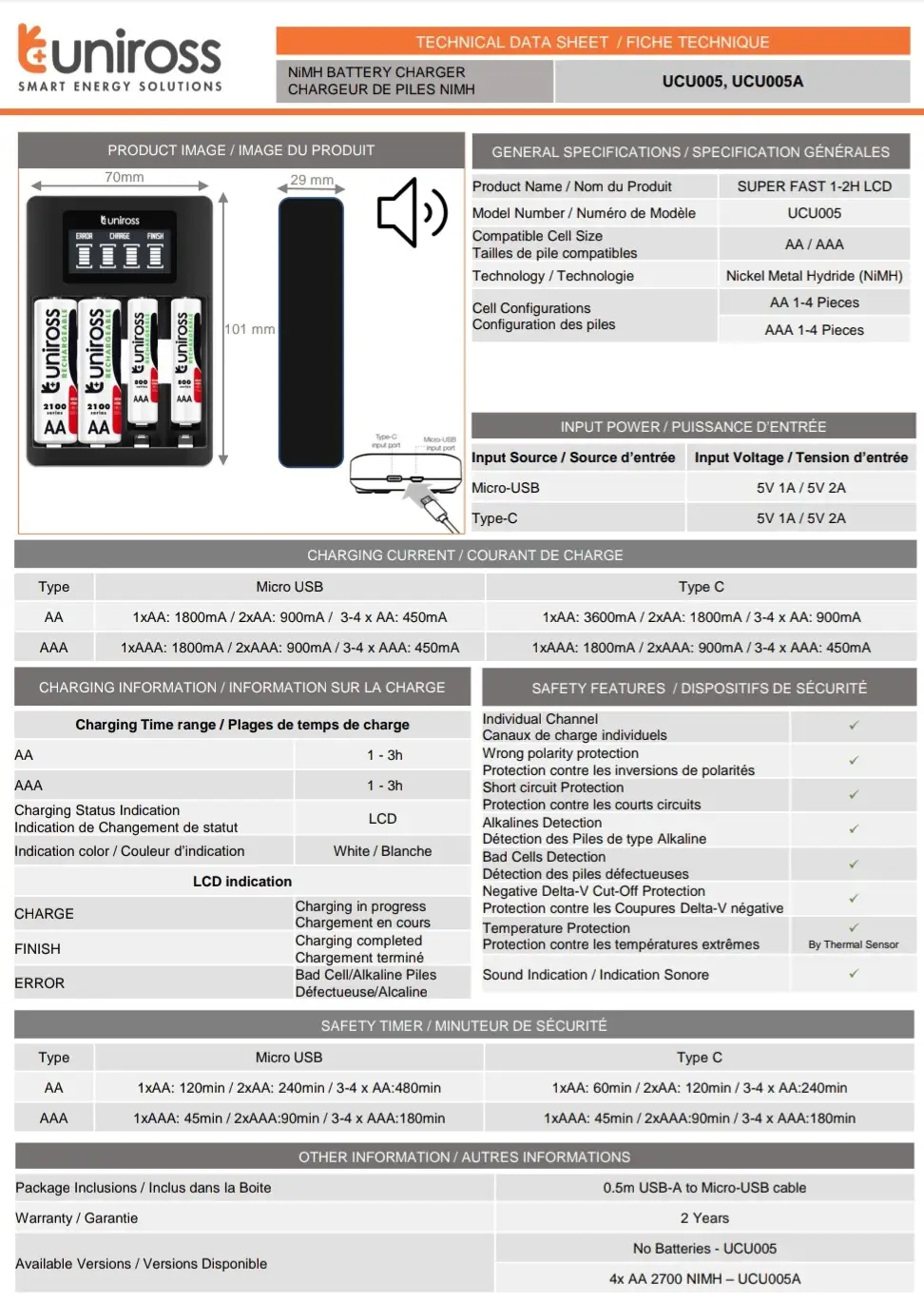 Uniross Original ULTRA FAST 1 Hr LCD CHARGER FOR AA / AAA Cell Batteries