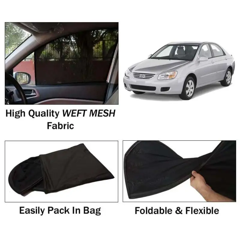 Kia Spectra Sun Shades | Foldable | Mesh Fabric | Flexible Rods | Dark Black | Packed In Bag