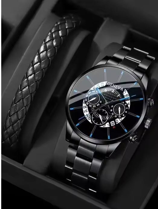 2PCs Fashion Business Men's Calendar Round Black Steel Band Watch+Woven PU Leather Bracelet Set