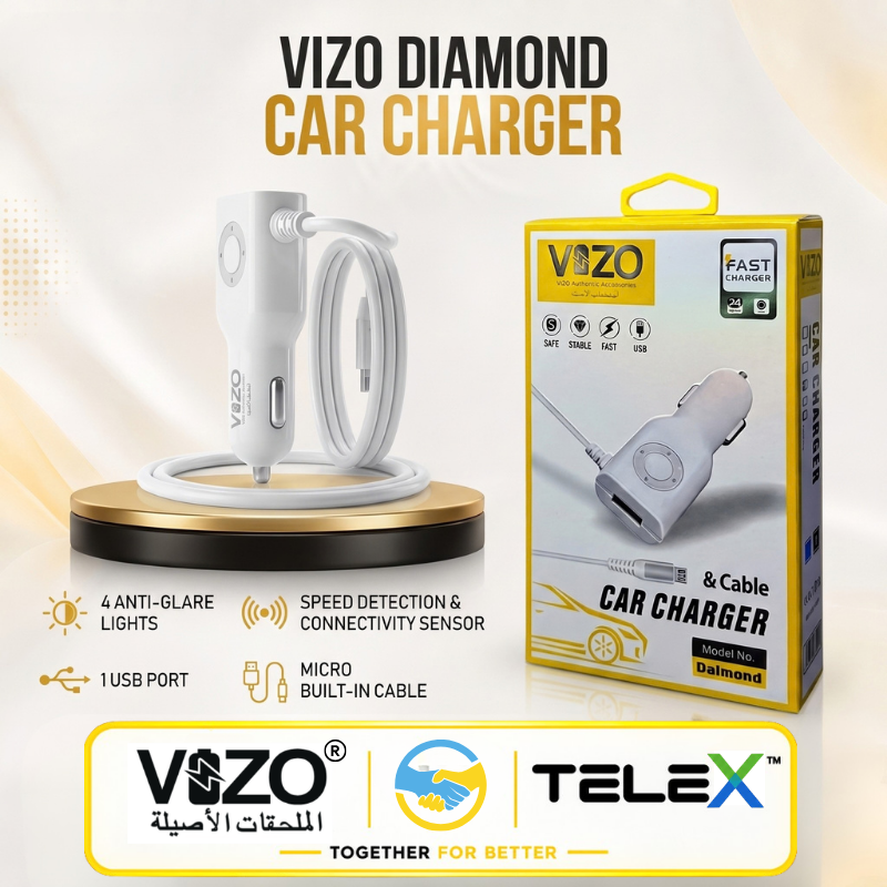 Vizo Diamond 3A Fast Car Charger with Built-in Micro USB Cable