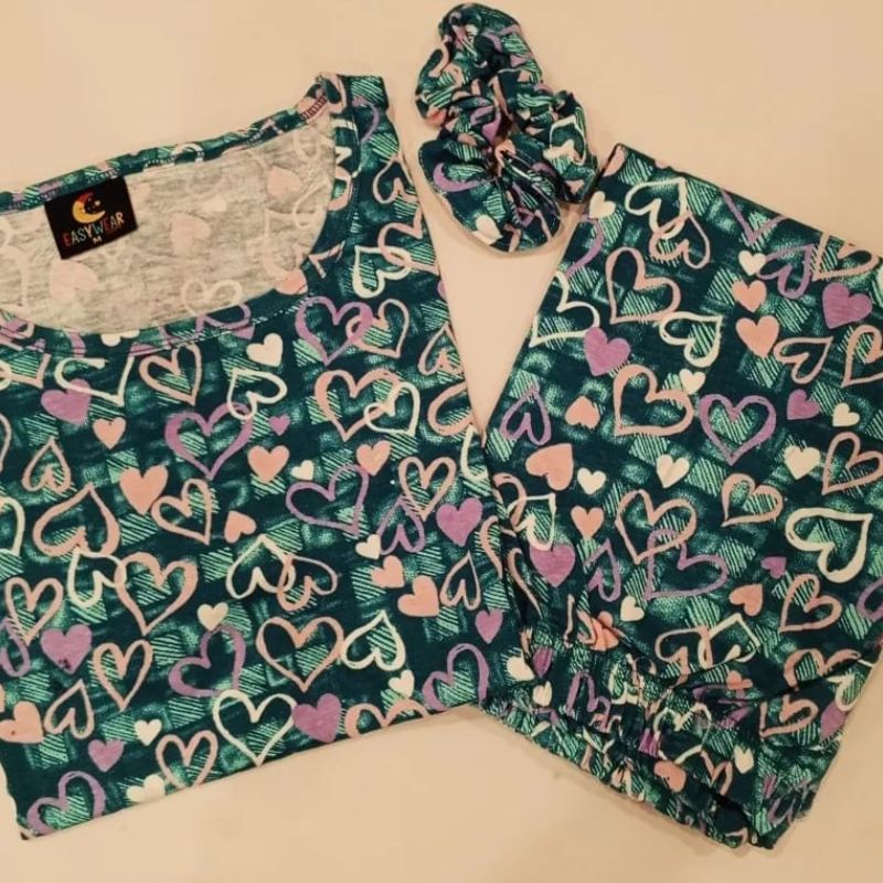 Green Heart Shape Half Sleeves Casual Wear Shirt & Trouser ( Nightwear)