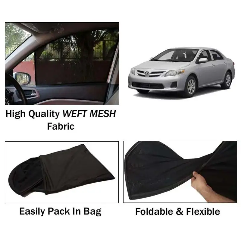 Toyota Corolla 2009 - 2013 Sun Shades | Foldable | Mesh Fabric | Flexible Rods | Dark Black | Packed In Bag