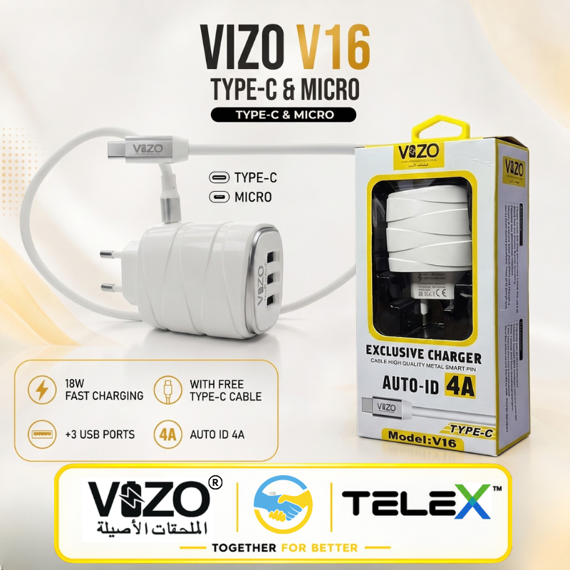 Vizo V16 Triple Port 18W  Fast Charger With Built-In Cable