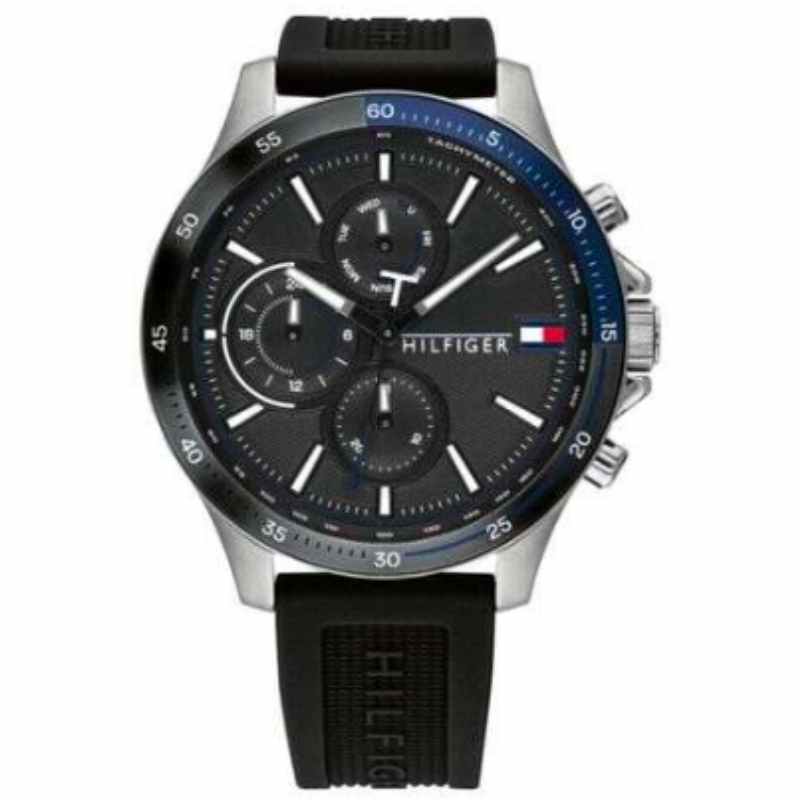 Tommy Hilfiger Men's Bank Round Shape Silicone Strap Chronograph Wrist Watch 46 mm - Black - 1791724