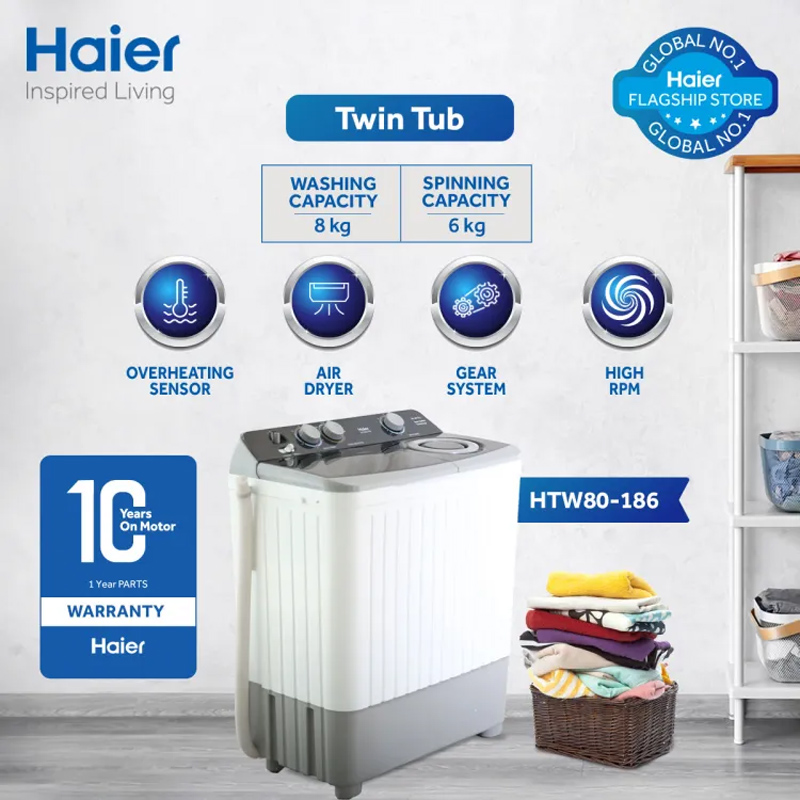 Haier HTW 80-186 8Kg Top Load Semi-Auto Twin Tub Washing Machine With Official Warranty