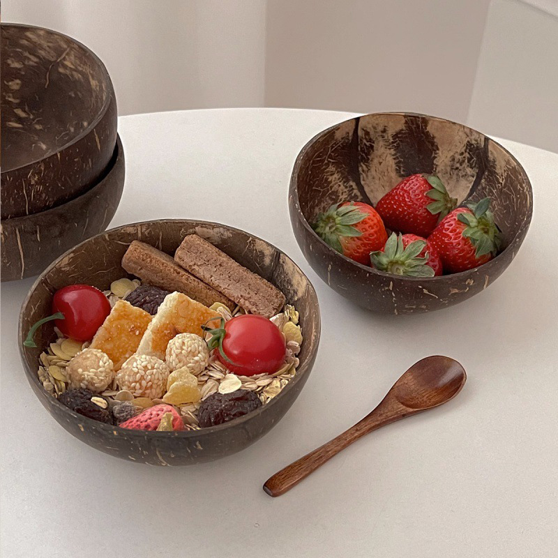 Natural Coconut Bowl Set - Handmade Wooden Coconut Bowls with Fork and Spoon for Dessert, Fruit Salad, Mixing, and Rice - Eco-Friendly Tableware