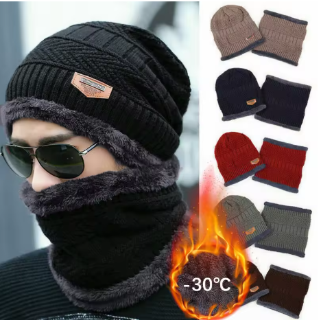 Winter Knit Cap Velvet Hat with Coral Fleece Scarf - Warm, Thick, Neck Protector for Men & Women