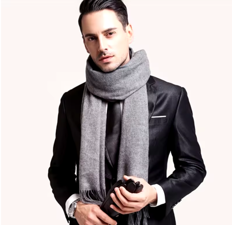 Wool Cashmere Winter Scarf with Tassels – Soft, Warm, Thickened Shawl for Men & Women