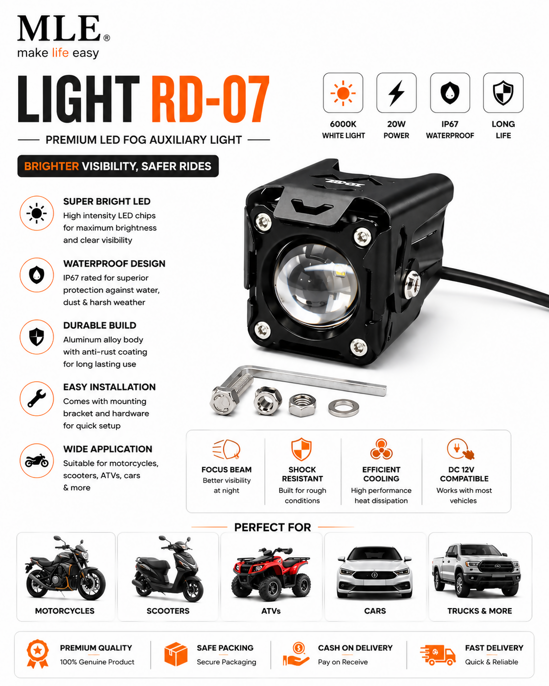 Fog Light 1-Lens LED with Hood Light - Ultra Bright Dual Color Yellow/White, Flash\Non Flash Mode, Easy Fit for Bumper, Waterproof Aluminum Body, Universal 12-80V Light for Bike, Car, Truck - Super Br