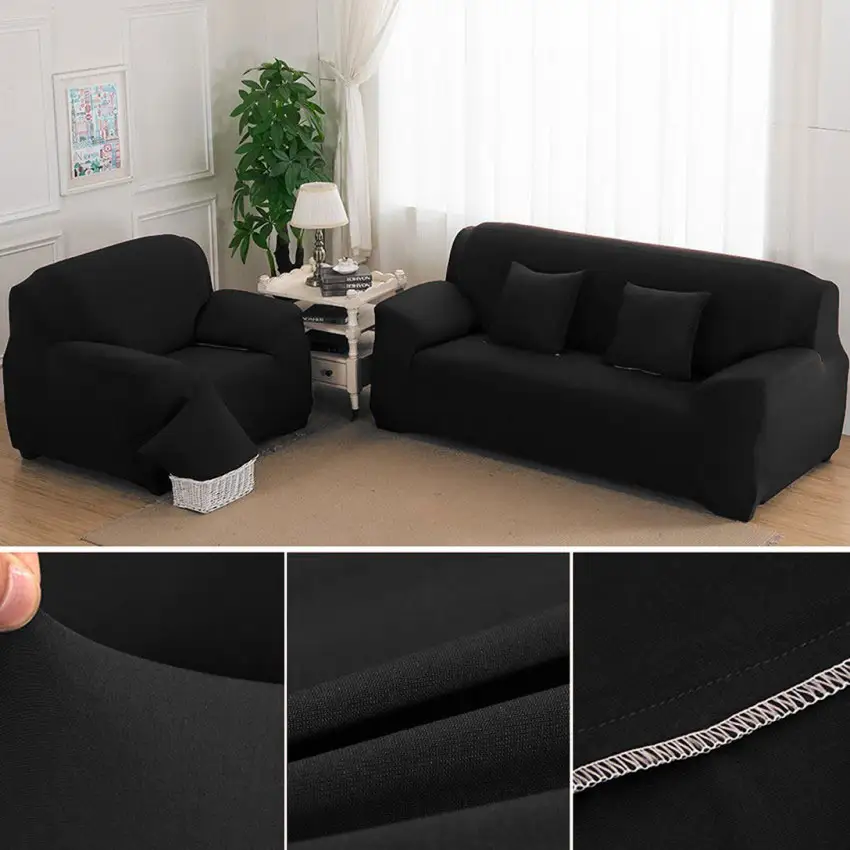 Black Sofa Cover 5 Seater (3+1+1) | Stretchable 5 Seater Sofa Covers Set | Elastic Fitted Solid Color Jersey Cover Jumbo Size | Comfortable Couch Cover | Narmo Gudaz