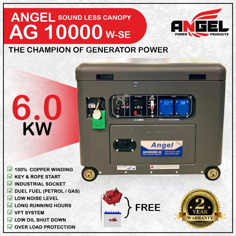 Angel AG 10000 W-SE 8.0 KVA ( 6500 Watts) Petrol + Gas Canopy Generator With Official Warranty