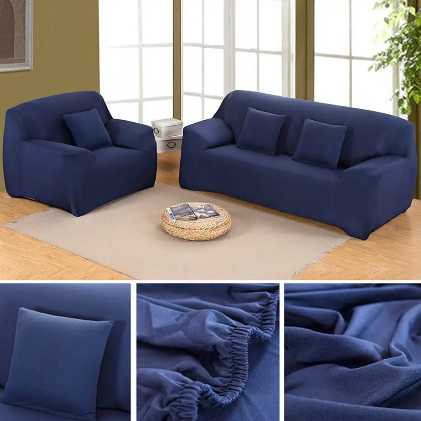 Navy Blue Sofa Cover 7 Seater (3+2+1+1) | Stretchable 7 Seater Sofa Covers Set | Elastic Fitted Solid Color Jersey Cover Jumbo Size | Comfortable Couch Cover | Narmo Gudaz