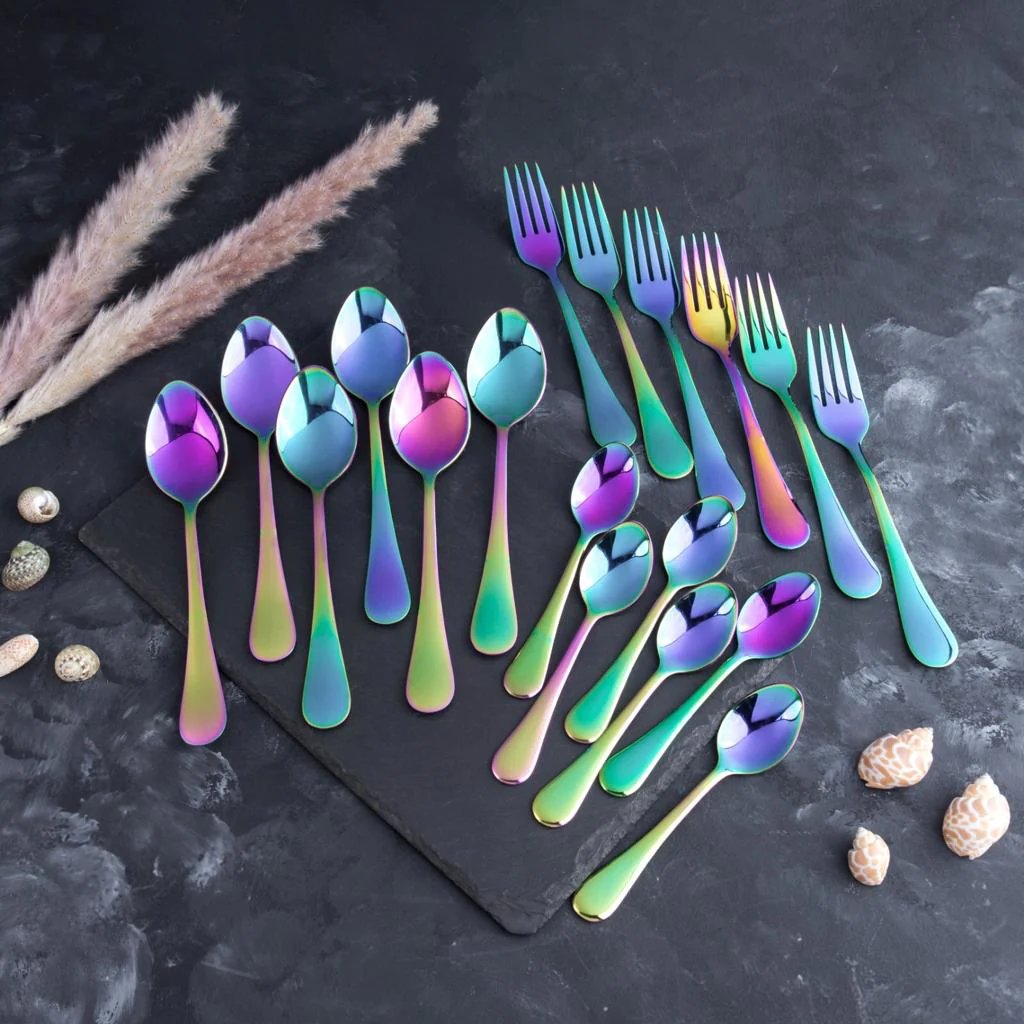 5 YEAR GUARANTEE 50 Gram Premium Rainbow Cutlery Set Qareenay Manzil® Branded - 6 Person