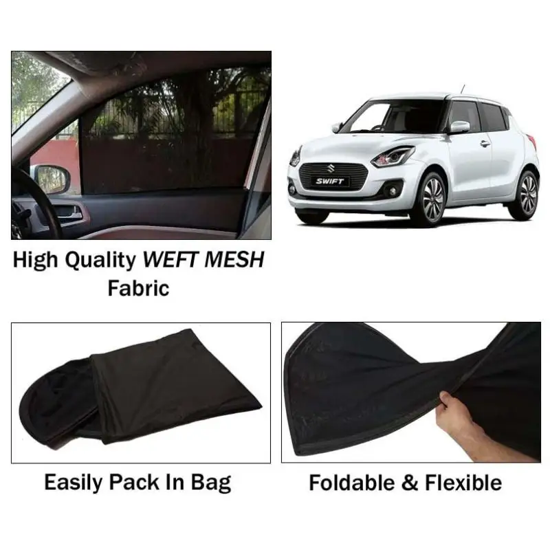 Suzuki Swift 2017 - 2025 Sun Shades | Foldable | Mesh Fabric | Flexible Rods | Dark Black | Packed In Bag