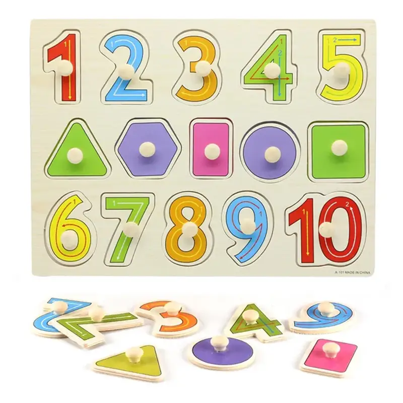 Wooden Shapes and Numbers Puzzle Hand Grab Boards Toys Children Educational Montessori Toys