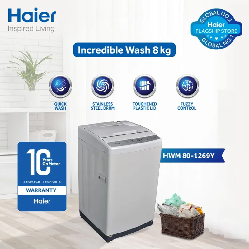 Haier HWM 80-1269Y 8Kg Top Load Fully Automatic Washing Machine With Official Warranty