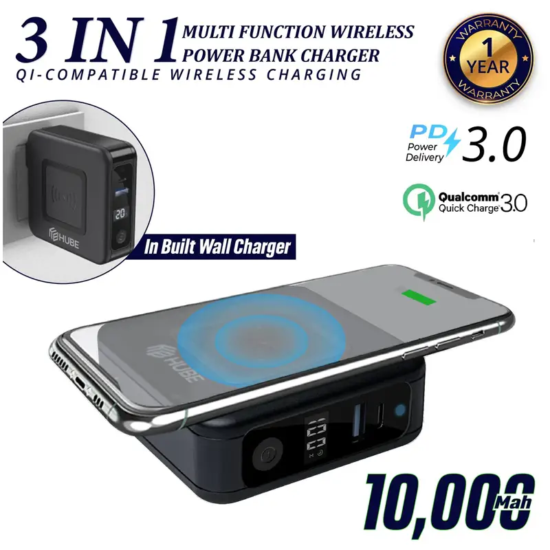Hube Qualcomm 3.0 3 in 1 Wireless Charger + 10,000 mAh QC PD Fast Charging Power Bank + Wall Charging Adapter