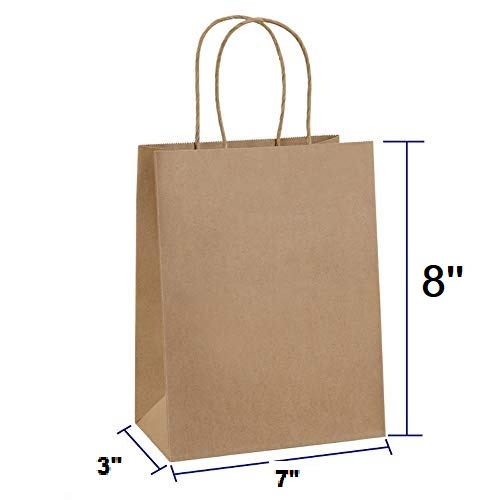 Pack of 100 Bags 7 x 8 x 3 inches Paper Bags Brown / Kraft Paper Bags with Handles 110 Grams