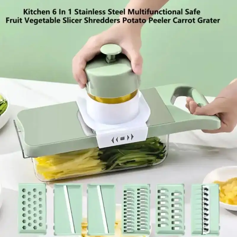 Vegetable Chopper,Pro Stainless Steel Vegetable Chopper Slicer Dicer Cutter,Multi-Functional Food Chopper Veggie Chopper for Kitchen with 6 Blades,Hand Guard and Container(Mint Green)