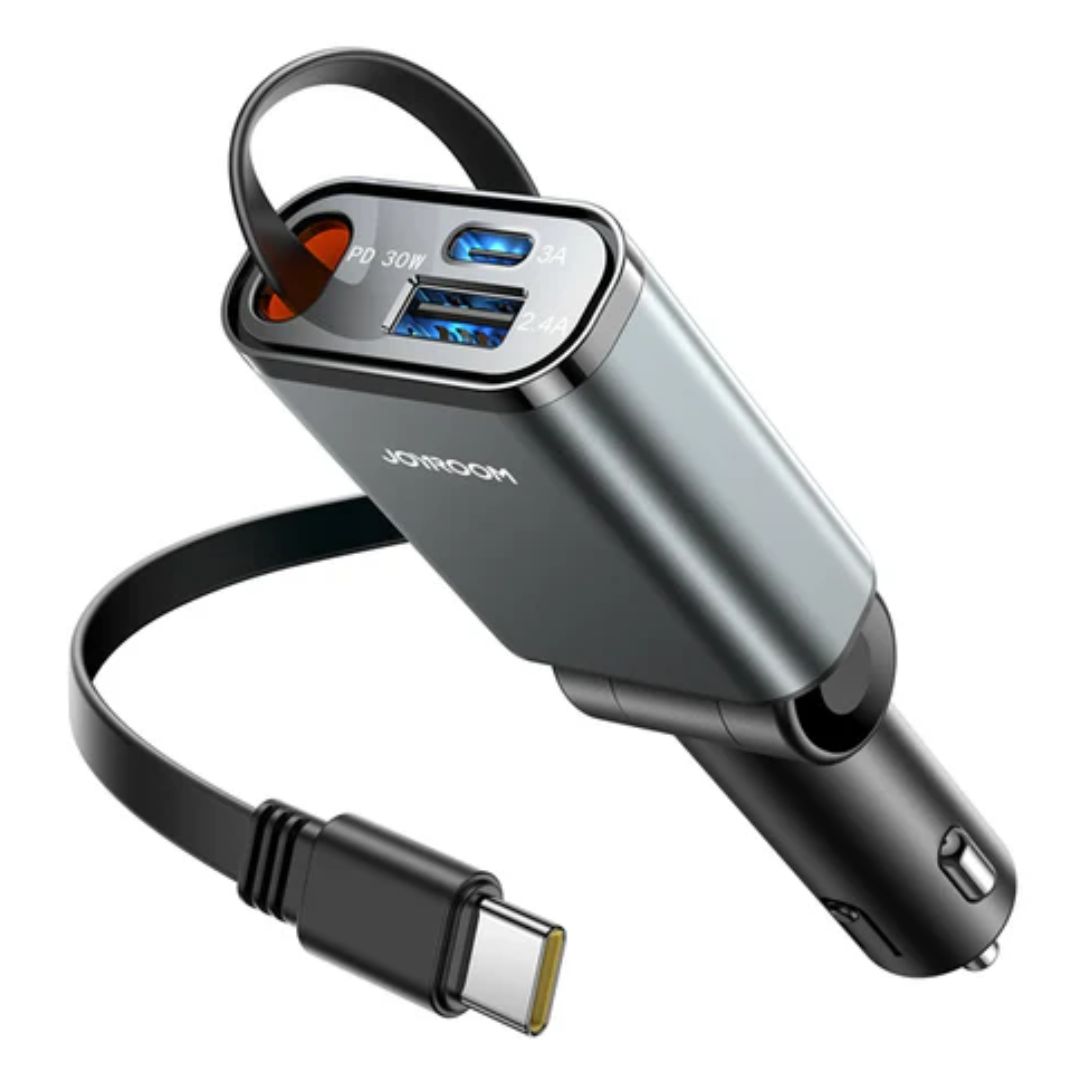Joyroom JR-CCL07 45W 3-in-1 Retractable Car Charger-Dark Grey With 6 Month Official Warranty