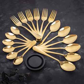 5 YEAR GUARANTEE 50 Gram Premium Golden Cutlery Set Qareenay Manzil® Branded - 12 Persons