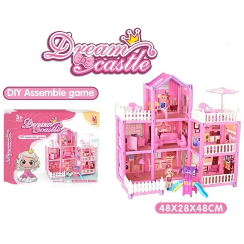 Dream Castle 3 Story Big Doll House With Family DIY Accessories (162 Pieces)