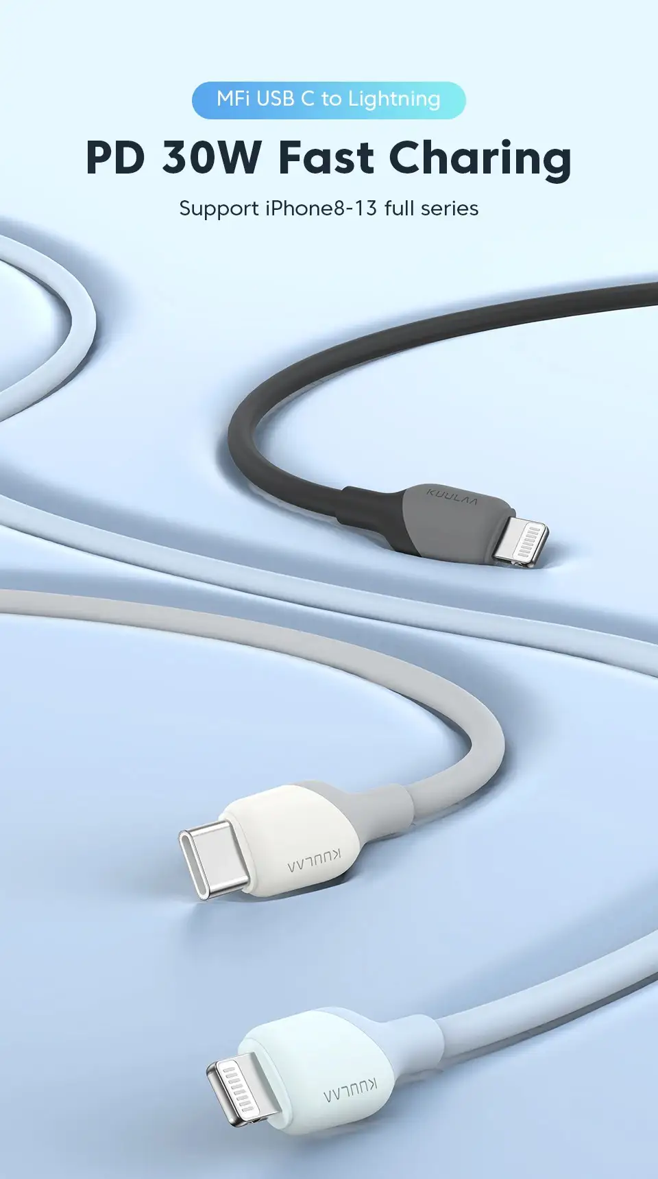 KUULAA 30W MFI Certified PD USB-A to Lightning Charging Cable Black