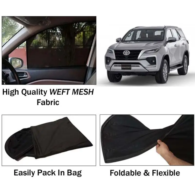Toyota Fortuner 2021 - 2024 Sun Shades | Foldable | Mesh Fabric | Flexible Rods | Dark Black | Packed In Bag