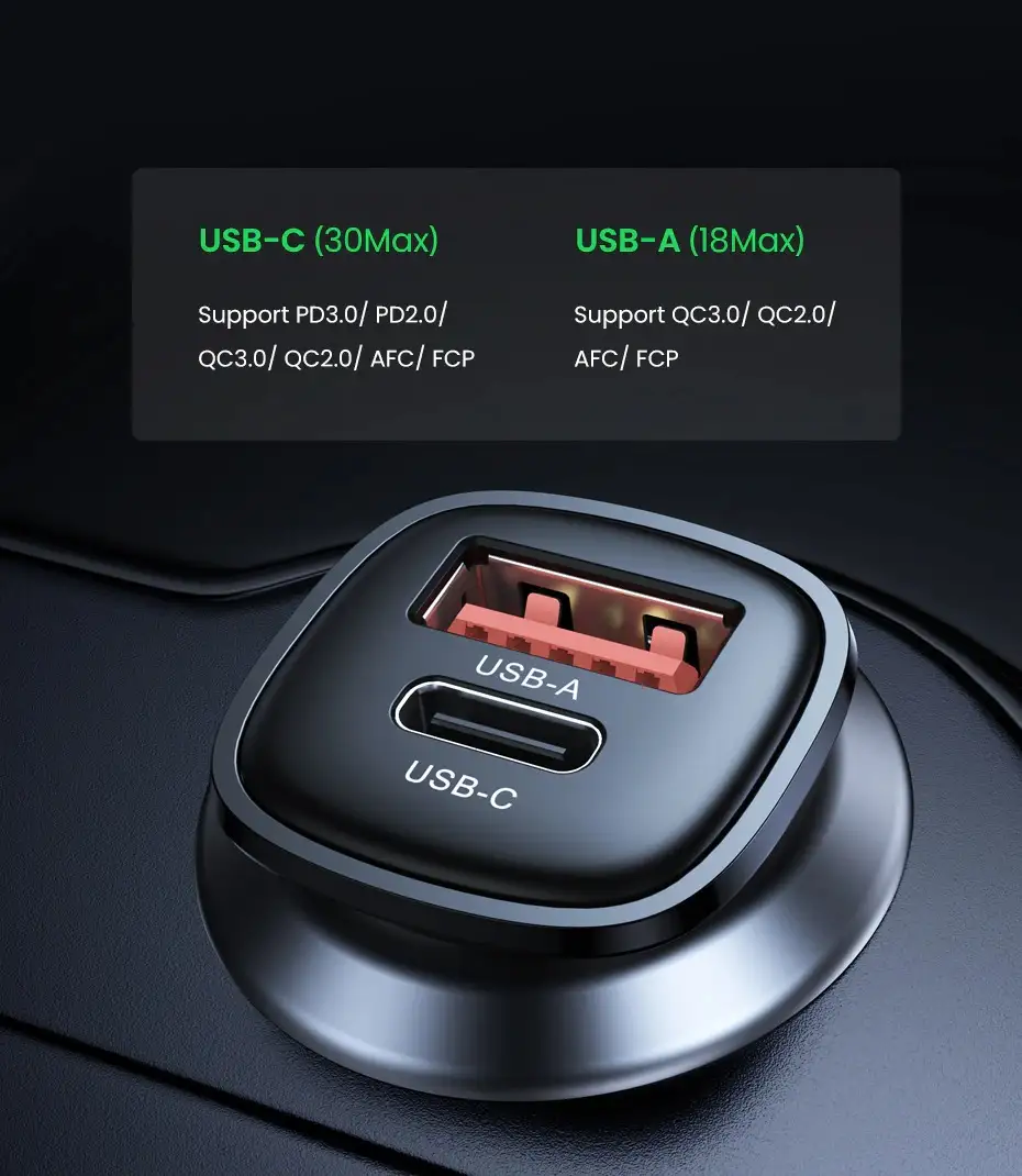 UGREEN 30W Dual Ports Fast Cell Mobile Phone Tablet Charging USB Car Charger Adapter Black
