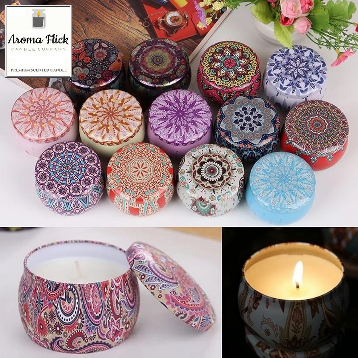 AromaFlick Scented Candle with Beautiful Tin