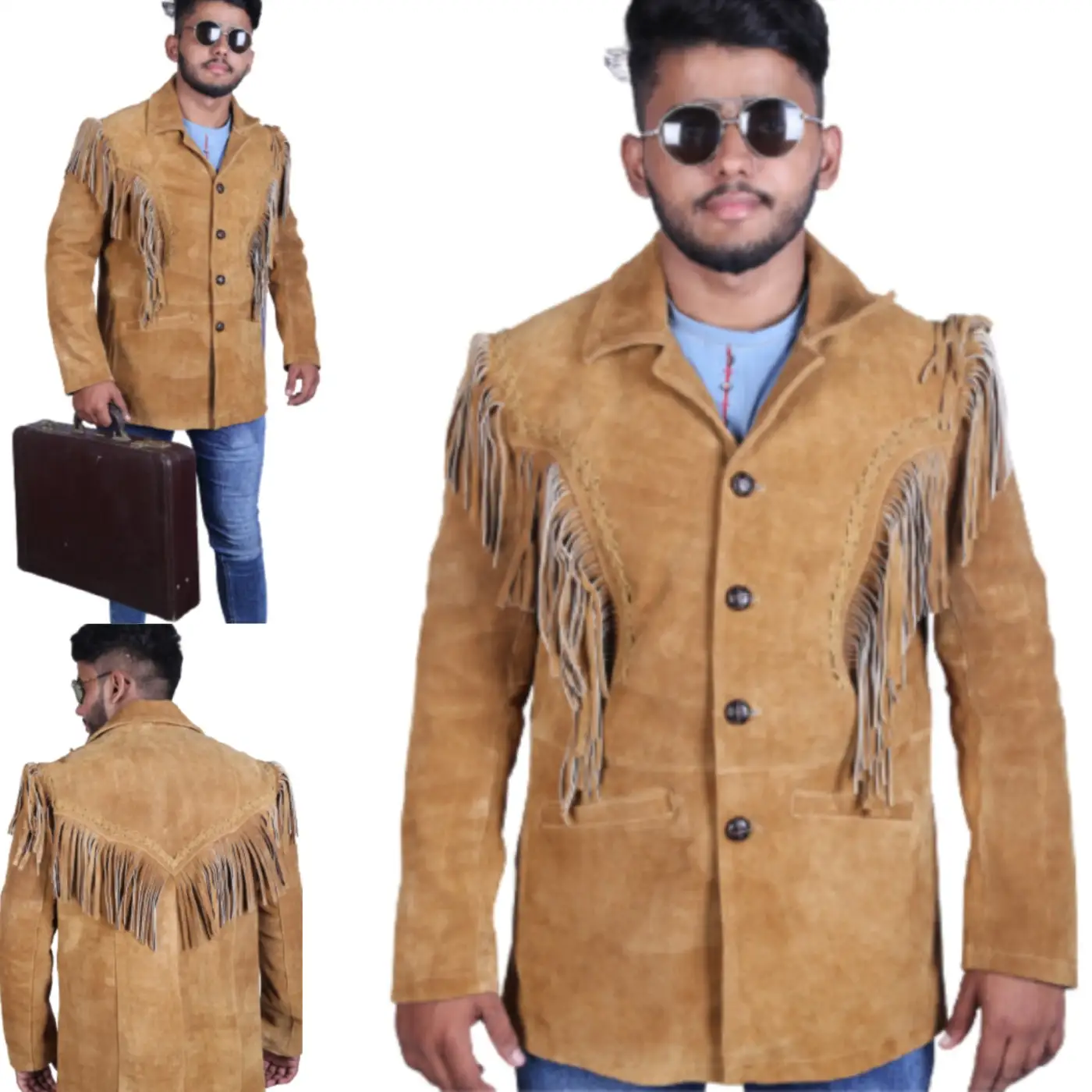 Handmade Genuine Cowhide Brown Suede Fringe Leather Jacket Men - Traditional Native American Western Coat